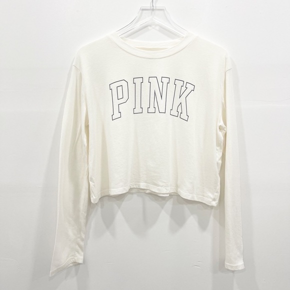 Pink VS Long Sleeve Crop Tee Top Ivory Oversized S - Picture 1 of 6